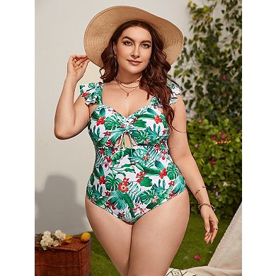 Women's Plus Size One-Piece Swimsuit with V-Neck & Print