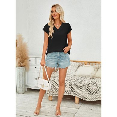Womens V Neck Cap Sleeve Business Casual Outfits Loose Fit Basic T Shirts