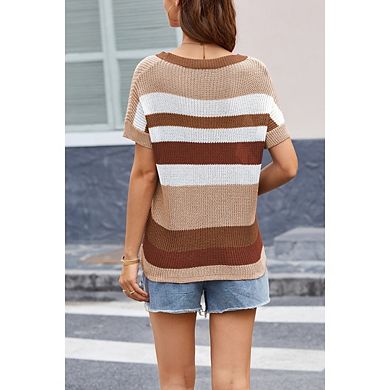 Womens Cute Cap Sleeve Crewneck Color Block Striped Crochet Sweater Vest