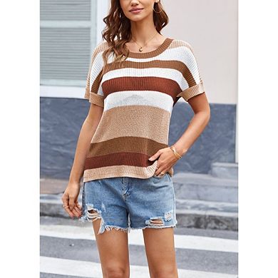 Womens Cute Cap Sleeve Crewneck Color Block Striped Crochet Sweater Vest