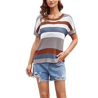 Womens Cute Cap Sleeve Crewneck Color Block Striped Crochet Sweater Vest