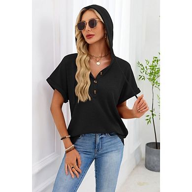 Womens Waffle Knit Short Sleeve Lightweight Drawstring Hoodies Button V Neck Shirts