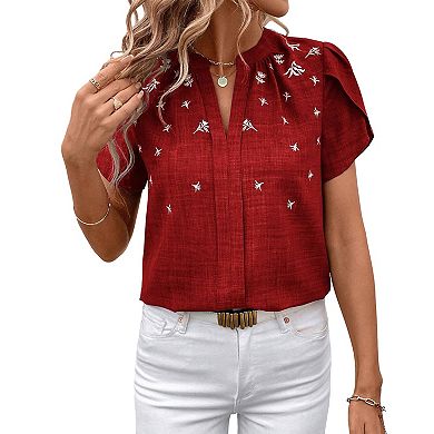 Women's Embroidered Split Neck Blouse Petal Sleeve Casual Summer Top