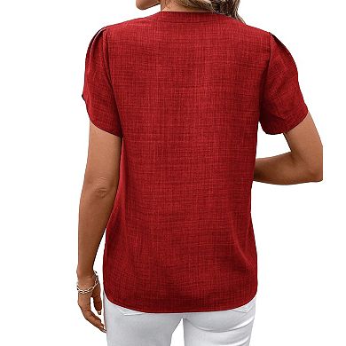 Women's Embroidered Split Neck Blouse Petal Sleeve Casual Summer Top