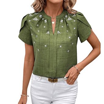 Women's Embroidered Split Neck Blouse Petal Sleeve Casual Summer Top