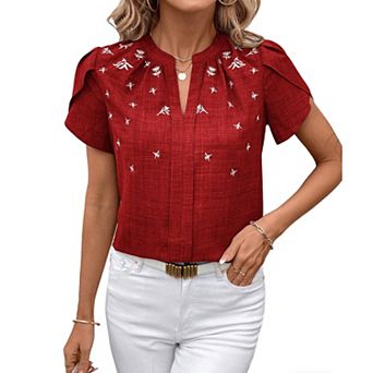 Women's Embroidered Split Neck Blouse Petal Sleeve Casual Summer Top