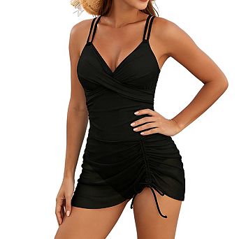 Women's Swim Dress Crisscross Back Straps Ruched Side Tie Double Strap V Neck Bikini Swimsuits