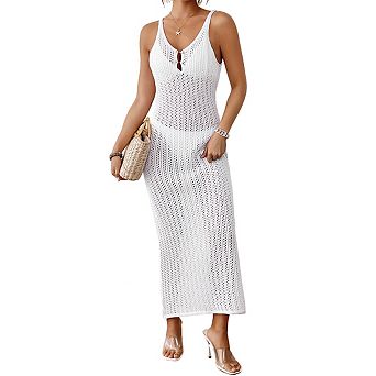Women's Crochet Knit Swim Cover Up Dress Sleeveless V Neck Button Maxi Dress