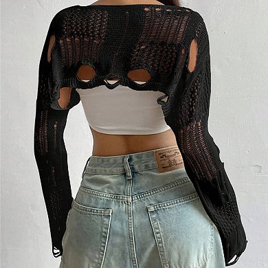 Women's Distressed Crochet Crop Top Long Sleeve Off Shoulder Cutout Knit Shrug