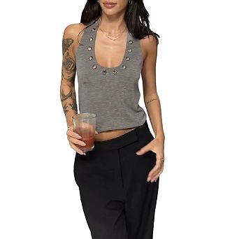 Women's Grommet Eyelet Tank Top Grunge Sleeveless Punk Y2K Crop Tops