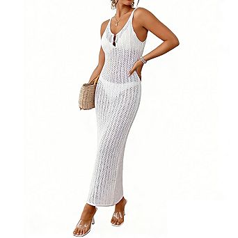 Women's Sleeveless Crochet V Neck Button Detail Maxi Length Swim Cover Up Dress
