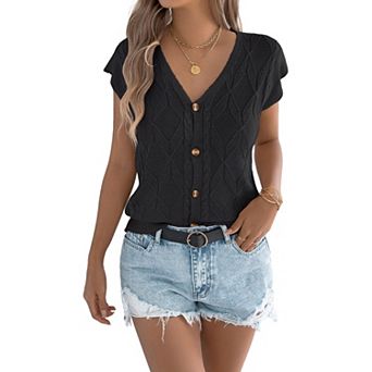 Women's Cable Knit Sleeveless Vest V Neck Button Down Casual Knit Top