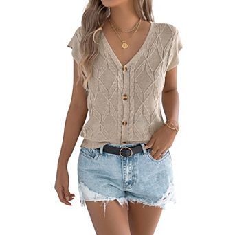 Women's Cable Knit Sleeveless Vest V Neck Button Down Casual Knit Top