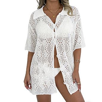 Women's Knit Swim Cover Up Collared Neckline Button Placket Half Sleeve Tops