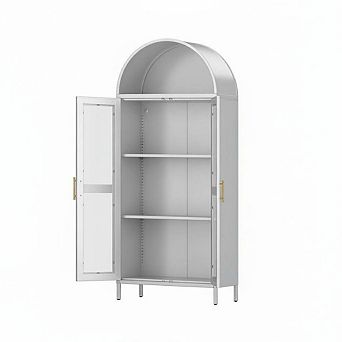 73 in Arched Metal Storage Cabinet, Kitchen Pantry Storage with Glass Door and 2 Adjustable Shelves