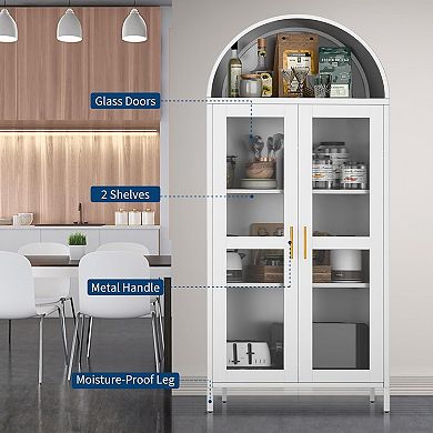 73 in Arched Metal Storage Cabinet, Kitchen Pantry Storage with Glass Door and 2 Adjustable Shelves