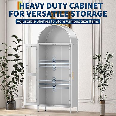 73 in Arched Metal Storage Cabinet, Kitchen Pantry Storage with Glass Door and 2 Adjustable Shelves