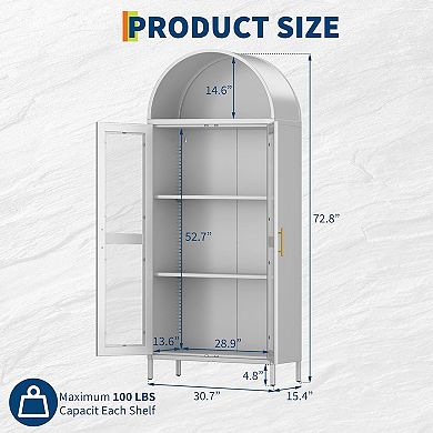 73 in Arched Metal Storage Cabinet, Kitchen Pantry Storage with Glass Door and 2 Adjustable Shelves