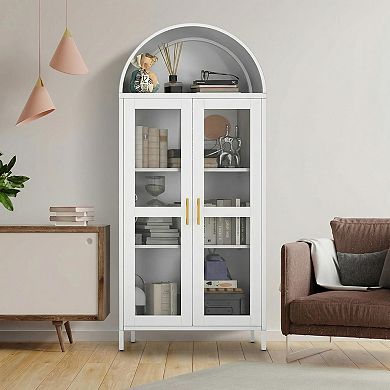 73 in Arched Metal Storage Cabinet, Kitchen Pantry Storage with Glass Door and 2 Adjustable Shelves