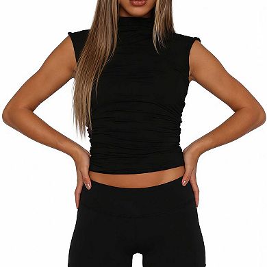 Women's Mock Neck Ruched Crop Top, Cap Sleeve Slim Fit Casual Tee