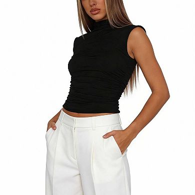 Women's Mock Neck Ruched Crop Top, Cap Sleeve Slim Fit Casual Tee