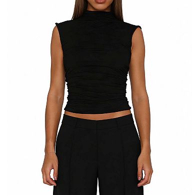 Women's Mock Neck Ruched Crop Top, Cap Sleeve Slim Fit Casual Tee