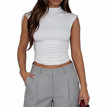 Women's Mock Neck Ruched Crop Top, Cap Sleeve Slim Fit Casual Tee