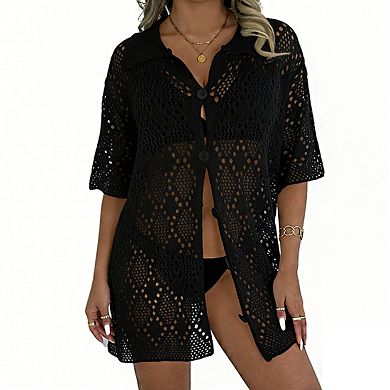 Women's Collared Open Knit Swim Cover Up Button Front Half Sleeve Oversized Tunic Tops