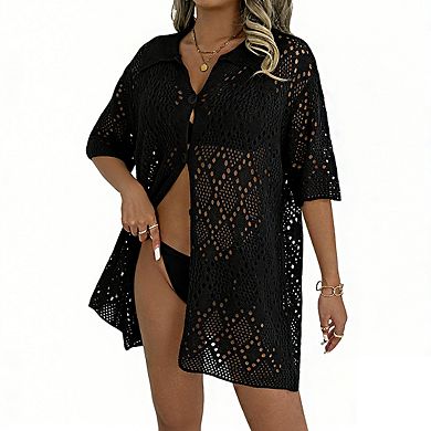 Women's Collared Open Knit Swim Cover Up Button Front Half Sleeve Oversized Tunic Tops