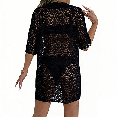 Women's Collared Open Knit Swim Cover Up Button Front Half Sleeve Oversized Tunic Tops