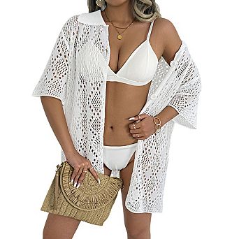 Women's Collared Open Knit Swim Cover Up Button Front Half Sleeve Oversized Tunic Tops