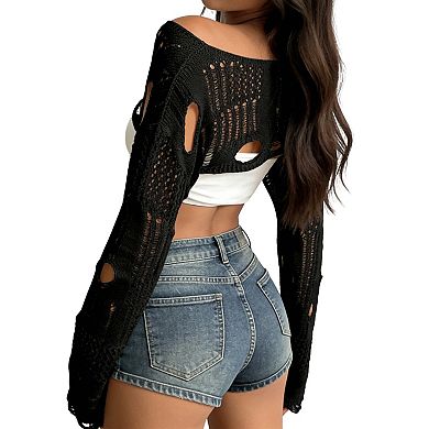 Women's Distressed Off Shoulder Crochet Crop Top - Long Sleeve Cutout Knit Shrug