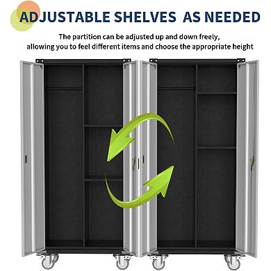 71" Metal Storage Cabinet on Wheels with Locking Doors, with Hanging Rod & Adjustable Shelves