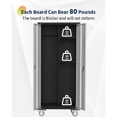 71" Metal Storage Cabinet on Wheels with Locking Doors, with Hanging Rod & Adjustable Shelves