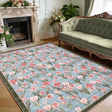 Washable Floral Area Rug, Vintage Tulip Print Accent Rug Soft Low-Pile Indoor Carpet
