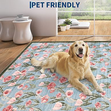 Washable Floral Area Rug, Vintage Tulip Print Accent Rug Soft Low-Pile Indoor Carpet