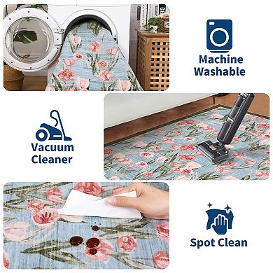 Washable Floral Area Rug, Vintage Tulip Print Accent Rug Soft Low-Pile Indoor Carpet