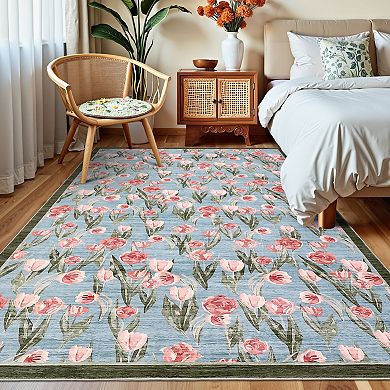 Washable Floral Area Rug, Vintage Tulip Print Accent Rug Soft Low-Pile Indoor Carpet