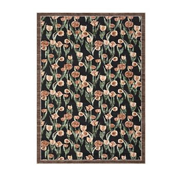 Washable Floral Area Rug, Vintage Tulip Print Accent Rug Soft Low-Pile Indoor Carpet