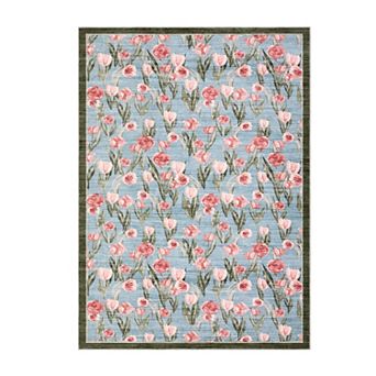 Washable Floral Area Rug, Vintage Tulip Print Accent Rug Soft Low-Pile Indoor Carpet