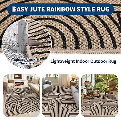 Ultra-Thin Washable Easy Jute Rug Non-Slip, Non-Shedding, Modern Neutral Rainbow Abstract Carpet