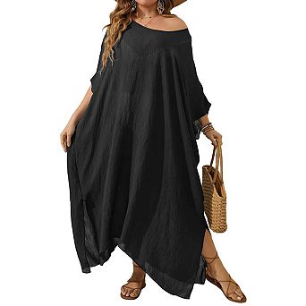 Women's Sheer Maxi Cover Up Swimsuit Dress Off The Shoulder 3/4 Sleeve Beach Coverups Dress