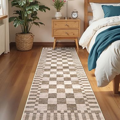 Geometric Check Machine Washable Rug with Non-Slip Backing for Living Room Soft Low Pile Floor Mats