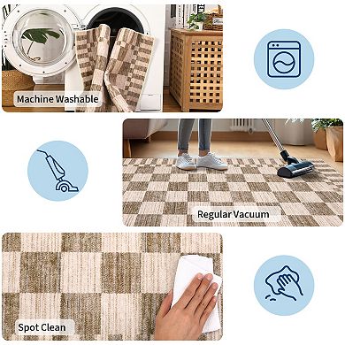 Geometric Check Machine Washable Rug with Non-Slip Backing for Living Room Soft Low Pile Floor Mats
