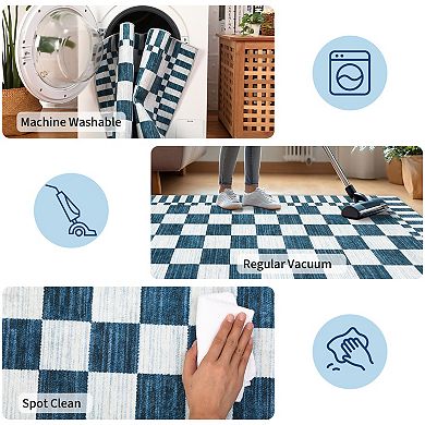 Geometric Check Machine Washable Rug with Non-Slip Backing for Living Room Soft Low Pile Floor Mats