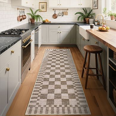 Geometric Check Machine Washable Rug with Non-Slip Backing for Living Room Soft Low Pile Floor Mats