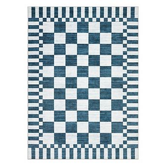 Geometric Check Machine Washable Rug with Non-Slip Backing for Living Room Soft Low Pile Floor Mats