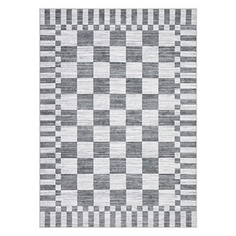 Geometric Check Machine Washable Rug with Non-Slip Backing for Living Room Soft Low Pile Floor Mats