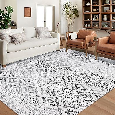 Washable Vintage Bohemian Rug, Non-Slip Boho Distressed Throw Carpet, Soft Non-Shedding Area Rug