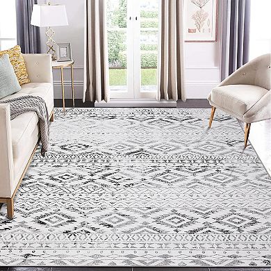 Washable Vintage Bohemian Rug, Non-Slip Boho Distressed Throw Carpet, Soft Non-Shedding Area Rug